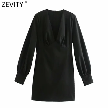 Zevity 2021 Ženy Móda Hlboko V Krku Čiernu Linku Mini Šaty Žena Elegantné Lístkového Rukáv Záhybov Vestido Bežné Slim Oblečenie DS4920