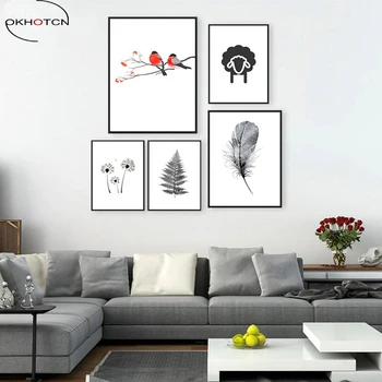 OKHOTCN Vták Ovce Pierko Minimalistický Umelecké Plátno Plagát Maľovanie Čierna Biela Obrázok Tlače detského Domova Miestnosti Dekorácie