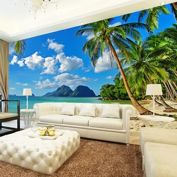 Vlastné 3D Tapety Maľby Modrá Obloha, Biele Oblaky Mori Ostrov Pláž Coconut Tree Krajiny Foto nástenná maľba Obývacia Izba, Spálňa Decor