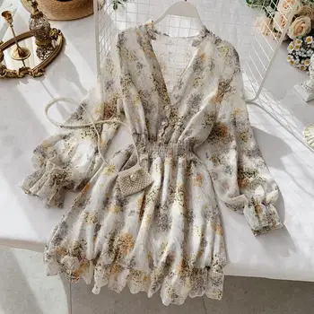 2019 nové módne dámske francúzsky šaty žena temperament tvaru dlhé rukávy šifón kvetinové šaty