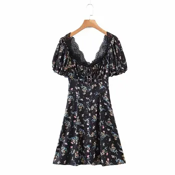 Letné šaty ženy sexy čipka trim vintage kvetinový tlač šaty krátke rukáv vysoký pás A-line mini šaty šifón femme vestidos