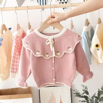 2020 Jeseň Zima Baby Girls Long Sleeve Jahoda Klope Golier Knitwear Sveter Deti Deti Pletené Vesty Vrchné Oblečenie