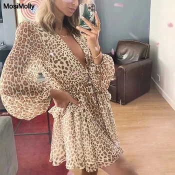 MosiMolly Sexy Boh Pláži Leopard Šaty Žien Dlhý Rukáv Vrstva Prehrabať Šaty Žena Vestidos Mini Šaty Šaty Tlač