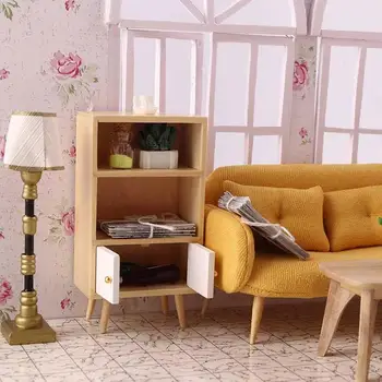 Drevený domček pre bábiky Rozsahu Miniatúrne Knižnica Časopis Predstierať, že Hračka Polica Hrať Obývacia Izba Rack Príslušenstvo Doll House Nábytok U8F3
