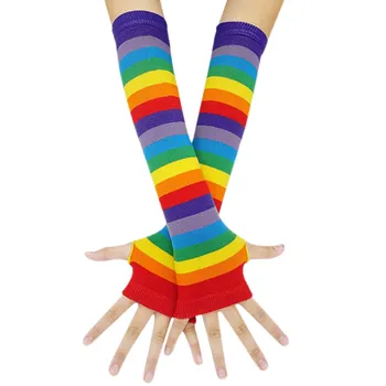 Rukavice Rainbow Prúžok Pol Prsta Dlhé Mäkké Rukavice Punk Gothic Rock Farba Dlhé Rameno Teplejšie Bezprstové Chrániť Módne #YJ