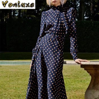 Dráhy 2020 Ženy Vysokej Kvality Dizajnér Retro Vintage Polka Dot Tlače Audrey Hepburn Štýl Luk Krku Skladaný Dlhé Šaty
