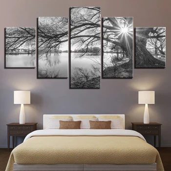 Plátno Obrázky Na Steny V Obývacej Izbe Umenie Plagátu Rámec 5 Kusov Jazera Veľké Stromy Obrazy Čierna Biela Krajina Domova