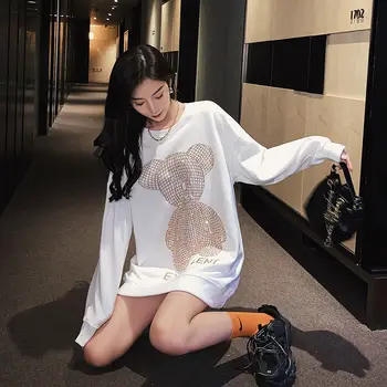 NOVÝ kórejský Lištovanie Medveď Pulóver Harajuku Kawaii Streetwear Dámske Zimné Topy Mikina Crystal Nadrozmerné Japonskej Módy