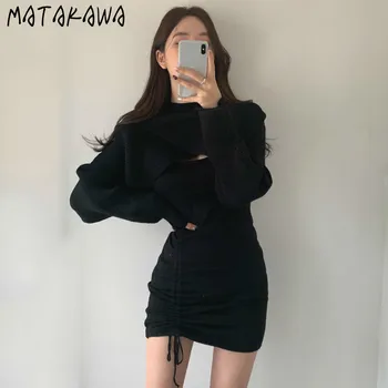 MATAKAWA kórejský Elegantné Predné a Zadné Dve Nosenie Pletený Šál + Šnúrkou Slim Bodycon Šaty Žena Dva Kus Ženy