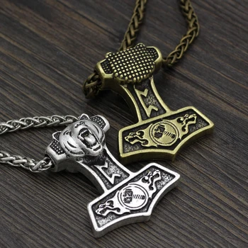 Viking Thor Kladivo Odin Vlk Náhrdelník Mužov Mjolnir Rune Prívesok Náhrdelník Amulety Škandinávskych Šperky Niesť Hlavu Dvojité Bočné
