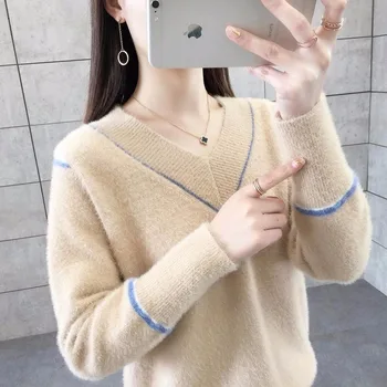 Imitácia noriek velvet V-krku sveter ženy 2020 jesenné a zimné nové voľné pletený pulóver klesnutie tričko