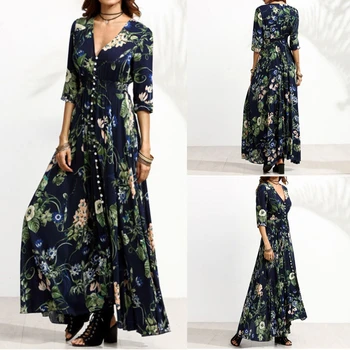 Jeseň dámske Kvetinové Tlačené Šaty, Sexy V Krku Vintage Šaty Plus Veľkosť Boho 2019 Zimné Elegantné Dlhé Šaty Vestidos 828