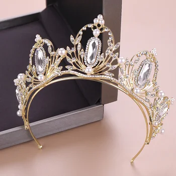 Vintage Barokový Crystal Drahokamu Pearl Queen Koruny Šperky, Zlato Headdress Narodeniny Koruny Svadobné Svadobné Doplnky Do Vlasov Darček