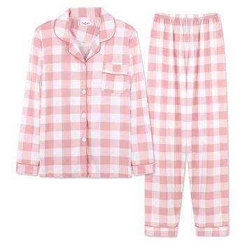 Jeseň Pijama Ženy Pajama Sady Sleepwear Koberčeky oblečenie pre voľný čas Oblek s Pocket Long Sleeve Pajama Tlačidlo Hore+Nohavice Pyžamo Polka Dot