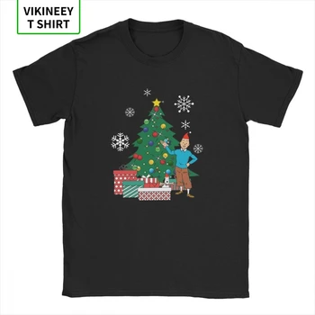 Tintin A Zasnežené Okolo Vianočného Stromu T-Shirt Mužov The Adventures of Tintin Bavlnené Tričká Krátky Rukáv T Shirt EÚ Veľkosť Topy