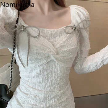 Nomikuma kórejský Diamanty Bowknot Ženy Šaty Lístkového Dlhý Rukáv Námestie Golier Tenký Mini Vestidos Femme 2020 Jeseň Šaty 6C527