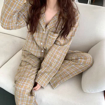 Pyžamo domov nosiť oblek kórejský nové bavlna dámske sleepwear módne prehoz na jeseň zima dlhý rukáv pyžamá odev pijamas nastaviť