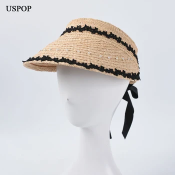USPOP 2020 ženy, slnko klobúky prírodné raffia slamené klobúky, slnečná clona pearl čipky raffia slnko klobúky nastaviteľné luk pláži čiapky