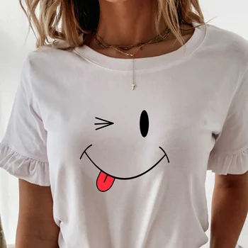 Úsmev, Tvár Tlač Ženy Bežné T-shirt O Krk Petal Krátky Rukáv dámske Tričko 2021 Módne Letné Stručný Základné Biely Elegantný Tees