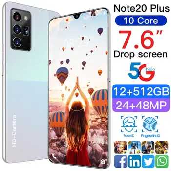 Note20 Plus 7.6 Palcový Full Displej 8+512 gb diskom 10 Core Mobilného Telefónu 24+48MP Tváre, Odtlačkov prstov ID 5G Siete Andriod 10 Chytrý Telefón