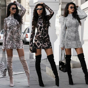 Ženy šaty s Dlhým Rukávom Jeseň Leopard, Had Vytlačené Bodycon Tenký Mini Krátke Šaty Jar Jeseň Bežné Večierok Clubwear