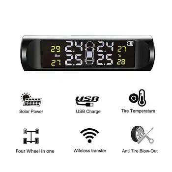 Auto Solárnej Energie, monitorovanie tlaku v pneumatikách Tlak vzduchu v Pneumatikách Alarm Monitor Systém s 4 Vonkajší Senzor Digitálny USB Auto Bezpečnostný Alarm Tlaku v Pneumatikách