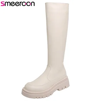Smeeroon 2020 nové módne členkové topánky ženy kolená vysoké topánky vintage kolo prst zip hrubé dno námestie päty dlhé topánky žena