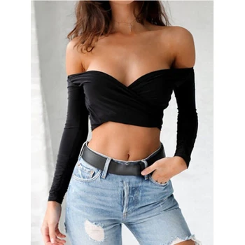 Sexy módne Ženy, slim T-shirt Mimo Ramenný s dlhým rukávom Letné tvaru bez ramienok backless krátke tričko topy