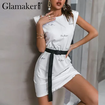 Glamaker List vytlačený príležitostné letné jar ženy Sexy šaty bez rukávov krátke šaty s pásom Módne dovolenku voľné minidress