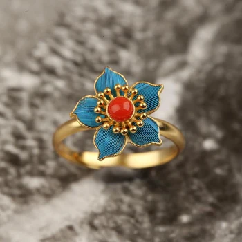 Prírodné južnej červený turmalín kvet otvára krúžok Čínskom štýle retro palác jedinečné antické zlato plavidlá, strieborné šperky