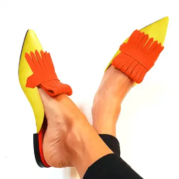 Luxusné značky oranžová, žltá puprle bloku farby ukázal prst dámske sandále listov slip-on topánky pre ženy móda papuče tkaných