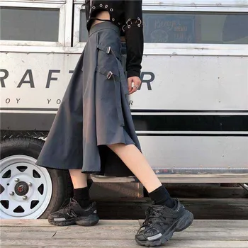 NiceMix Cargo Vrecká Krúžok Pás Pásky Punk Vysoký Pás Streetwear Gotický Voľné Midi Dlhé Sukne Kórejskej Ženy Harajuku Čierna Sivá P