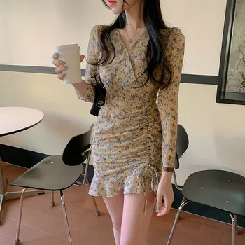 Cudzie Kitty Elegantné Volániky Ženy Šaty, Sexy tvaru s Dlhým Rukávom Tenký Kvetinový Šifón Šaty 2020 kórejský Jar Vestidos Femme