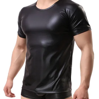 Silný Mens Sexy Faux Kožené Čierne tričko Topy Krátke Rukávy O-Krku Topy Pre Mužov Gay Nosiť Tričká pánske Undershirts Topy