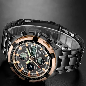GOLDENHOUR pánske Luxusné Obchodné Quartz Hodinky Muži Móda Duálne Zobrazovanie Nerezové náramkové hodinky Vodotesné Šport Muž Hodiny