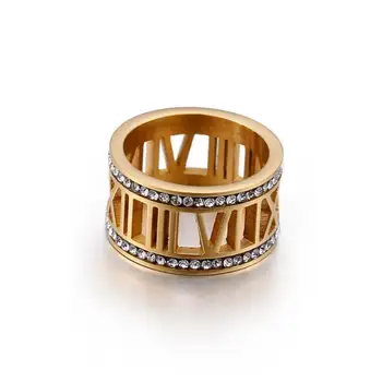 12 mm Široké Rímskymi Číslicami Dátum Svadby Drahokamu Krúžok pre Ženy Zlato z Nerezovej Ocele dvojitý CZ Kryštálmi Šperky Ženské Kruhy