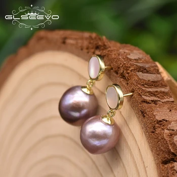 GLSEEVO Prírodné Barokový Fialová Skutočnou Perlou Drop Náušnice Pre Ženy Darček 925Silver Jednoduchý Romantický Ručné Luxusné Šperky GE0985A