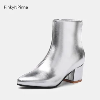 Ženy shining silver členkové topánky fashion square podpätky vnútri zip party šaty office botičky zimné zlaté topánky plus veľkosť 44