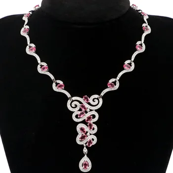 60x28mm Luxusné Vytvorené Ružový Turmalín Svetlé Zirkón Pre Ženy Nevestu Jemné Šperky Strieborný Náhrdelník 18-19 palcový