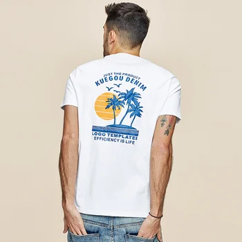 KUEGOU značky, pánske, krátky rukáv T-shirt mužov Kokosový ostrov tlač móda voľný čas krátky rukáv t shirt Letné Topy ZT-3337