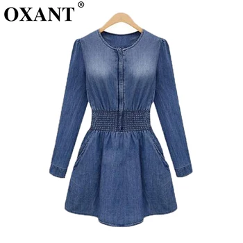 OXANT Hot Predaj Jar Jeseň Ženy Plus Veľkosť Jeans Denim Šaty Long-Sleeve Elastický Pás Štíhly Pás Vrecká Bežné Ženské D39