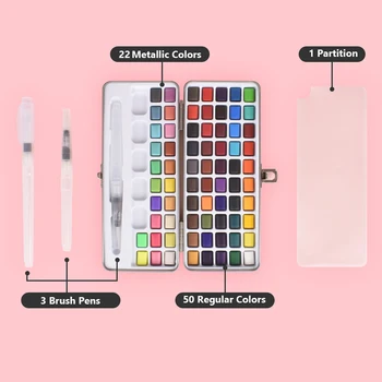 72 Farby Solid Akvarelových farieb Nastaviť Kovový Lesk Neónové Farby Pigmentu Prenosné Cestovné puzdro pre Začiatočníkov s 3 Vodu, Štetec