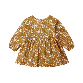 2019 Jeseň Batoľa Detská Baby Girl Kvetinové Šaty Šaty Dlhý Rukáv Tutu Jeseň Žlté Šaty