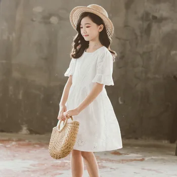 2021 Letné Nový Kórejský Štýl Dospievajúce Dievčatá Biele Vyšívané Princezná Šaty Deti Bavlna Ležérne Oblečenie Elegantné, #9317