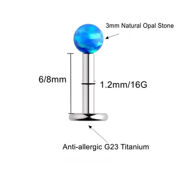 G23titan 3 mm Svetlé Opal Kameň Labret Náušnice 16 G Interne Závitových Vlásenky Klincami Pre Ear Piercing Pery Módne Body Šperky