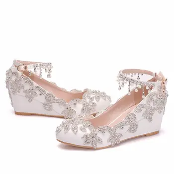 Luxusné crystal 5cm kliny päty dámske svadobné topánky nevesta NQ168 členok popruhov dámske svadobné biele vklinený podpätky strany čerpadlá