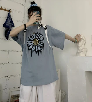 Letné Polovičný Rukáv Harajuku T-Shirt Daisy Ručne Maľované Graffiti Tlače Top Okolo Krku Harajuku Bežné Krátke Rukávy T-Shirt