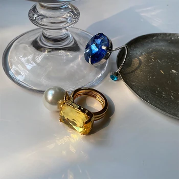 HZ 2020 Nové Retro Imitácie Perál Preháňať Geometrie Kolo Obdĺžnik Modrej Žltej Crystal Kov Otvorenie Prstene pre Ženy Šperky