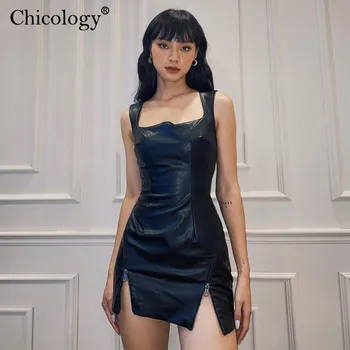 Chicology Y2K Pu Kožené Námestie Golier Split Mini Šaty Ženy Sexy Klubu Strany Bodycon Oblečenie 2020 Jeseň Zimné Módne Oblečenie