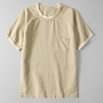 Bavlnená Posteľná Bielizeň T Shirt Mužov O-Krku Krátky Rukáv T-Shirt Bežné Jedno Vrecko Tees Topy Y1926